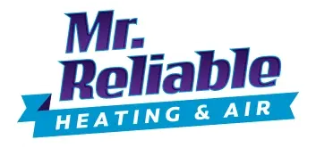 Logo with text: "Mr. Reliable Heating & Air" in blue and purple, with a blue banner underneath.