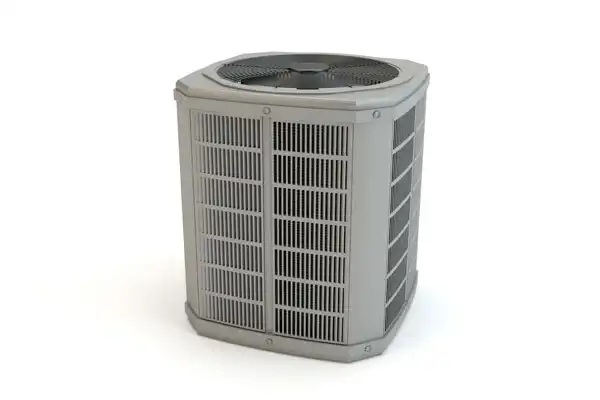 A gray outdoor air conditioning unit with a fan on top and vented sides, positioned on a white background, stands ready to deliver efficient cooling. Ideal for those in need of reliable air conditioning repair solutions to keep temperatures comfortably controlled.