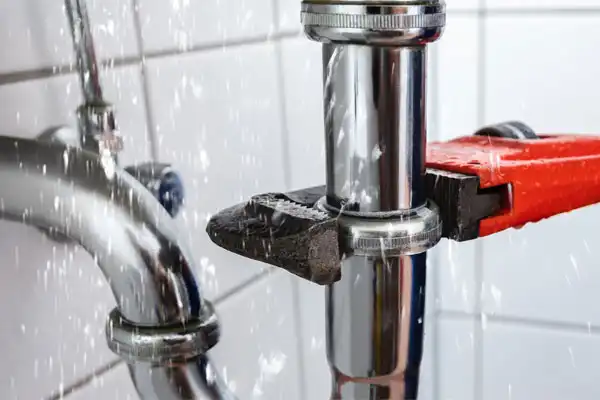 Water sprays from a leaking pipe under a sink, with a wrench adjusting a connection.