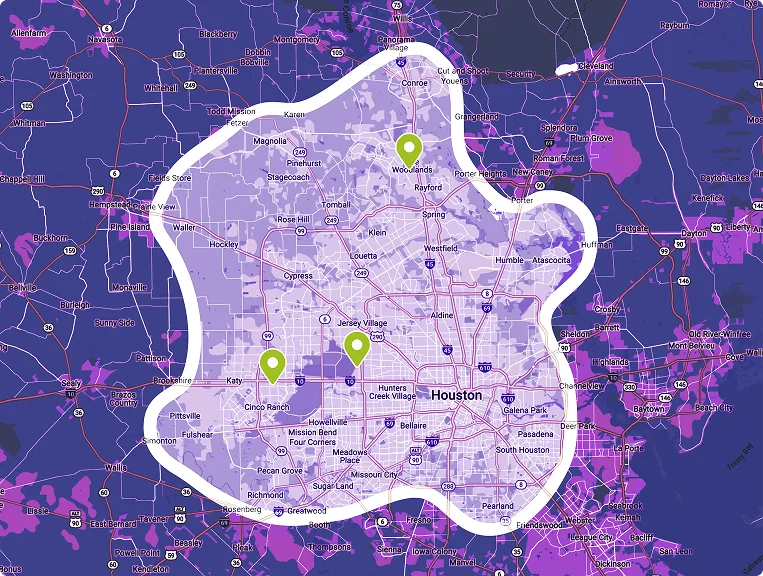 A map of Houston, Texas, showing highlighted coverage areas and three marked locations indicated by green map pins. Major roads, city names, and surrounding areas are visible.