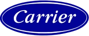 Blue oval with white text that reads "Carrier" in a script font.
