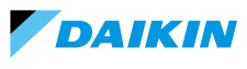Daikin logo in blue, featuring stylized text with a slanted line design on the upper left.