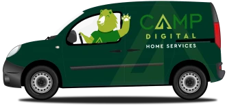 Green van labeled "Camp Digital Home Services" with a cartoon beaver waving from the driver's seat.