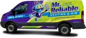 Purple and green van with "Mr. Reliable Heating & Air" branding, featuring a cartoon robot with a thumbs-up. We're hiring! Contact: 281-845-4510, website: CallMrReliable.com for exciting career opportunities.