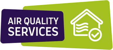 Icon showing “Air Quality Services” with a house illustration and checkmark on a green background.