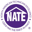 Purple circular logo with "NATE" inside a house outline. Text around reads "North American Technician Excellence" and "Certifying The Finest in HVACR.