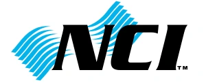 NCI logo featuring stylized black letters on a white background, with blue wave-like lines above the text.