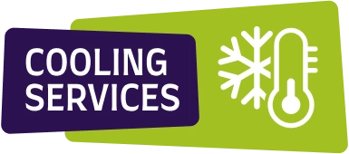 Cooling services advertisement featuring a snowflake and thermometer icon on a green and purple background.