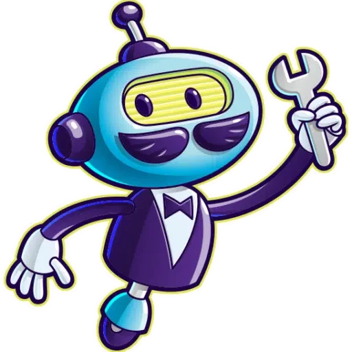 Cartoon robot with a textured blue head, antenna, and glasses, holding a wrench. Dressed in a purple tuxedo with a bowtie, standing on one leg.