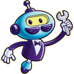Cartoon robot with a blue head and antenna, wearing a tuxedo, holding a wrench and smiling.