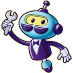 A cartoon robot with a bow tie holds a wrench, smiling.