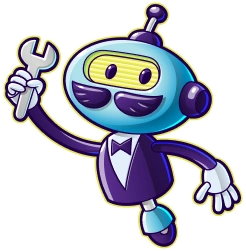 A cartoon robot with a bow tie holds a wrench, smiling.