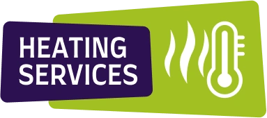 Graphic with a purple rectangular box stating "Heating Services" in white text. Next to it, a white thermometer and heat waves icon on a green background.