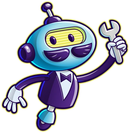 Cartoon robot with a blue head, yellow-striped face, black bow tie, and holding a wrench in its right hand. Appears to be in a cheerful pose.