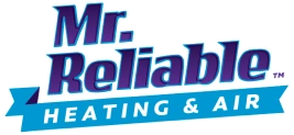 Logo for Mr. Reliable Heating & Air, featuring bold blue and purple text on a white background with a light blue ribbon beneath.