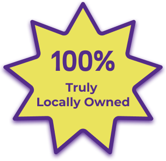 A yellow starburst badge with a purple outline displays the text "100% Truly Locally Owned" in bold purple letters.